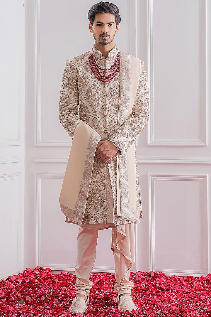 Crystal Pink Hand Embroidered Sherwani Set by Ankit V Kapoor