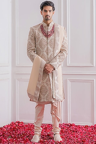 Crystal Pink Hand Embroidered Sherwani Set by Ankit V Kapoor