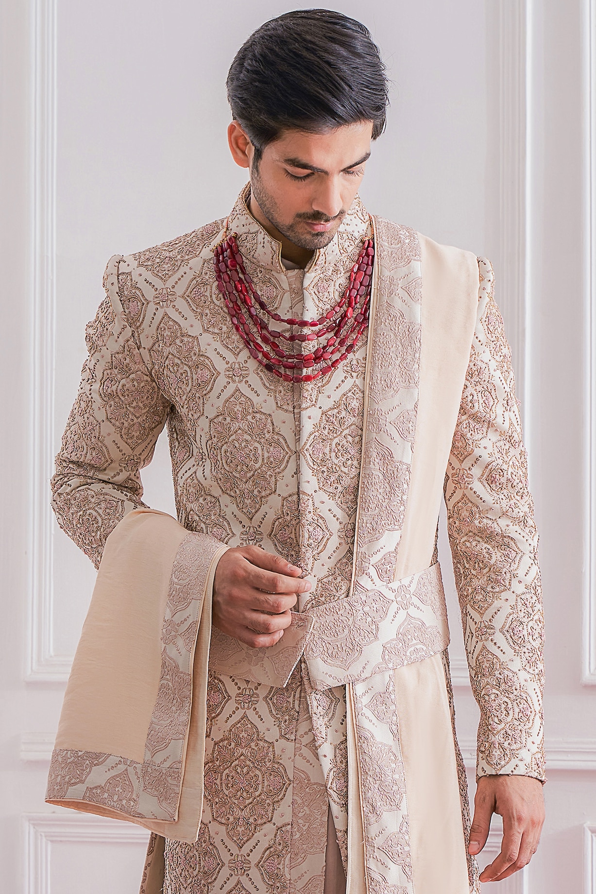 Crystal Pink Hand Embroidered Groom Sherwani Set by Ankit V Kapoor