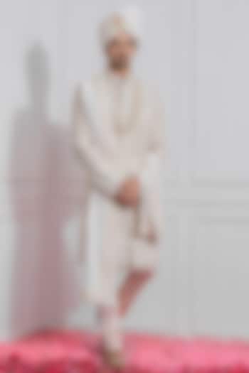 Off-White Georgette & Cotton Silk Groom Sherwani Set by Ankit V Kapoor at Pernia's Pop Up Shop