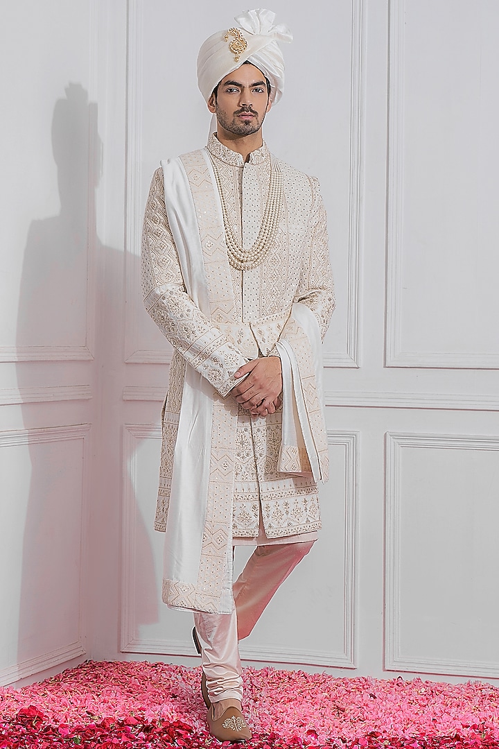 Off-White Georgette & Cotton Silk Groom Sherwani Set by Ankit V Kapoor at Pernia's Pop Up Shop