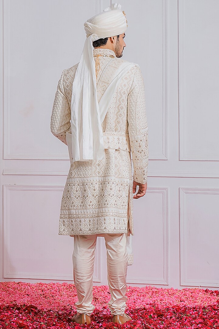Off-White Georgette & Cotton Silk Groom Sherwani Set by Ankit V Kapoor at Pernia's Pop Up Shop