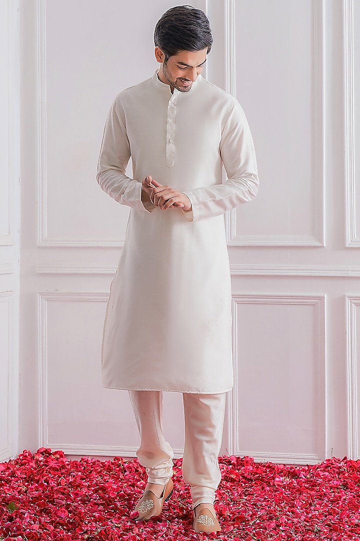 Off-White Georgette & Cotton Silk Groom Sherwani Set by Ankit V Kapoor at Pernia's Pop Up Shop