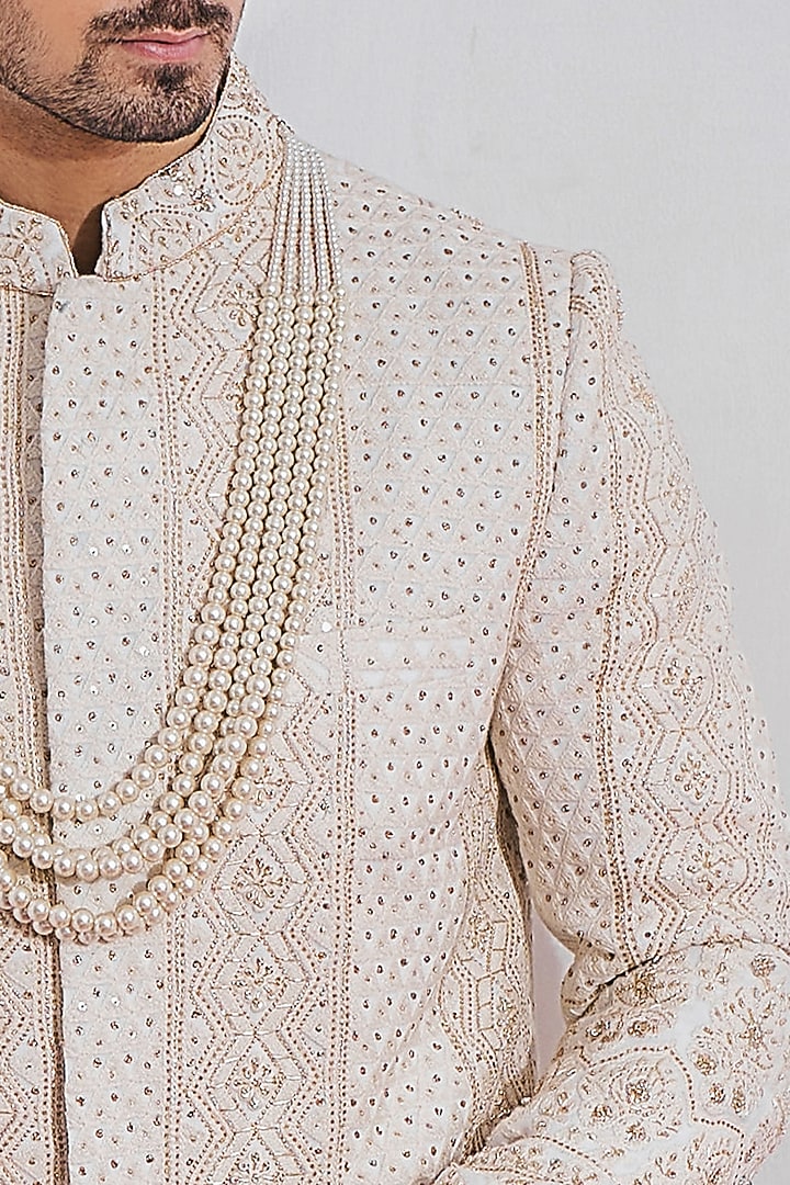 Off-White Georgette & Cotton Silk Groom Sherwani Set by Ankit V Kapoor at Pernia's Pop Up Shop