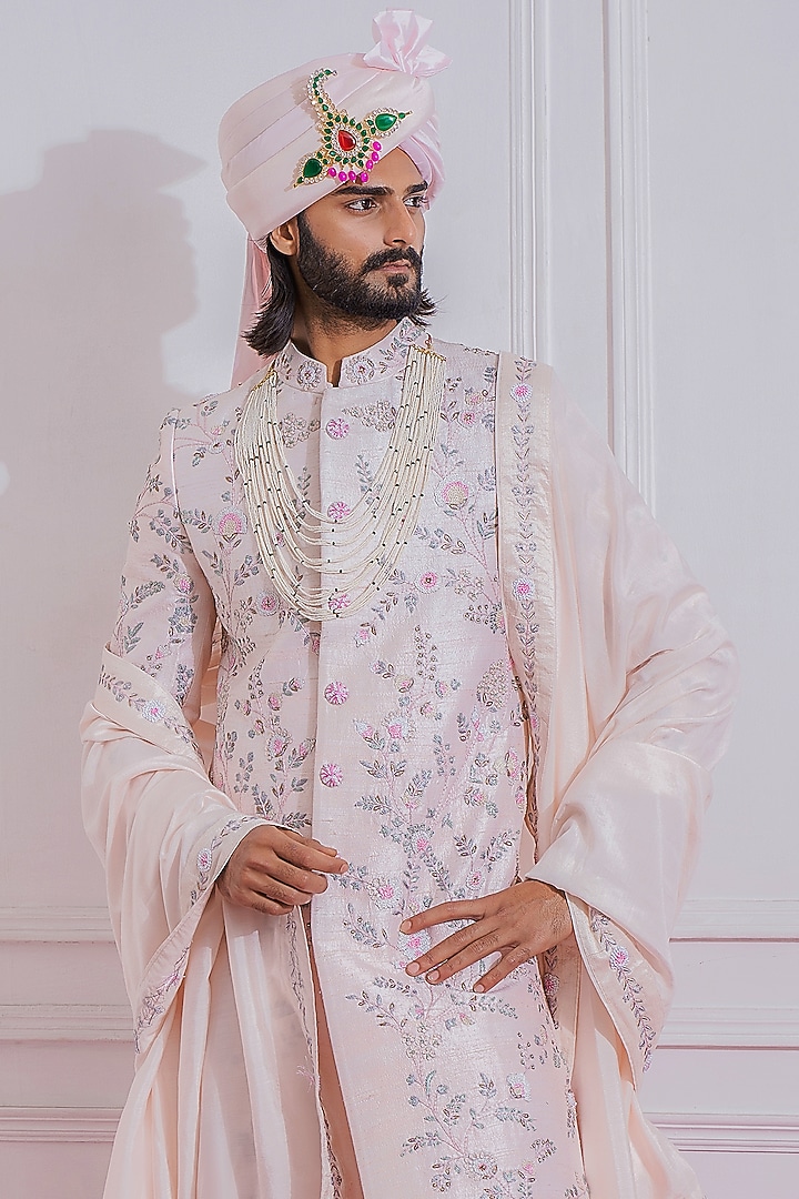 Powder Pink Hand Embroidered Groom Sherwani Set by Ankit V Kapoor at Pernia's Pop Up Shop