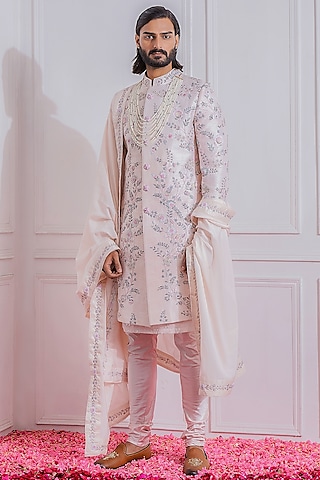 Powder Pink Hand Embroidered Sherwani Set by Ankit V Kapoor