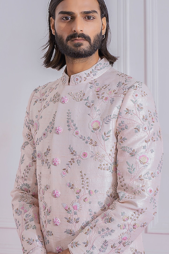 Powder Pink Hand Embroidered Groom Sherwani Set by Ankit V Kapoor at Pernia's Pop Up Shop