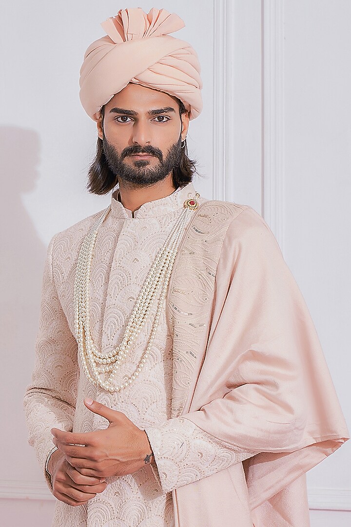Crystal Pink Georgette & Cotton Silk Groom Sherwani Set by Ankit V Kapoor at Pernia's Pop Up Shop