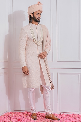 Crystal Pink Georgette & Cotton Silk Sherwani Set by Ankit V Kapoor