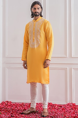 Mustard Hand Embroidered Kurta Set by Ankit V Kapoor