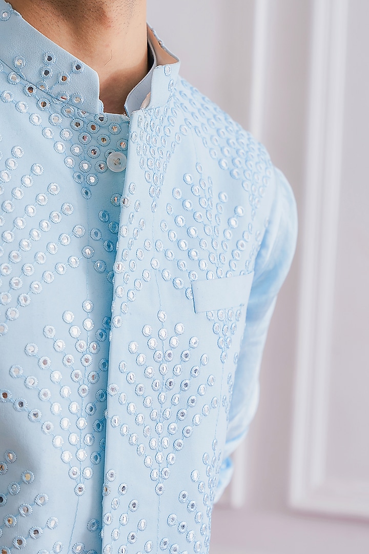 Powder Blue Cotton Machine Embroidered Nehru Jacket Set by Ankit V Kapoor at Pernia's Pop Up Shop