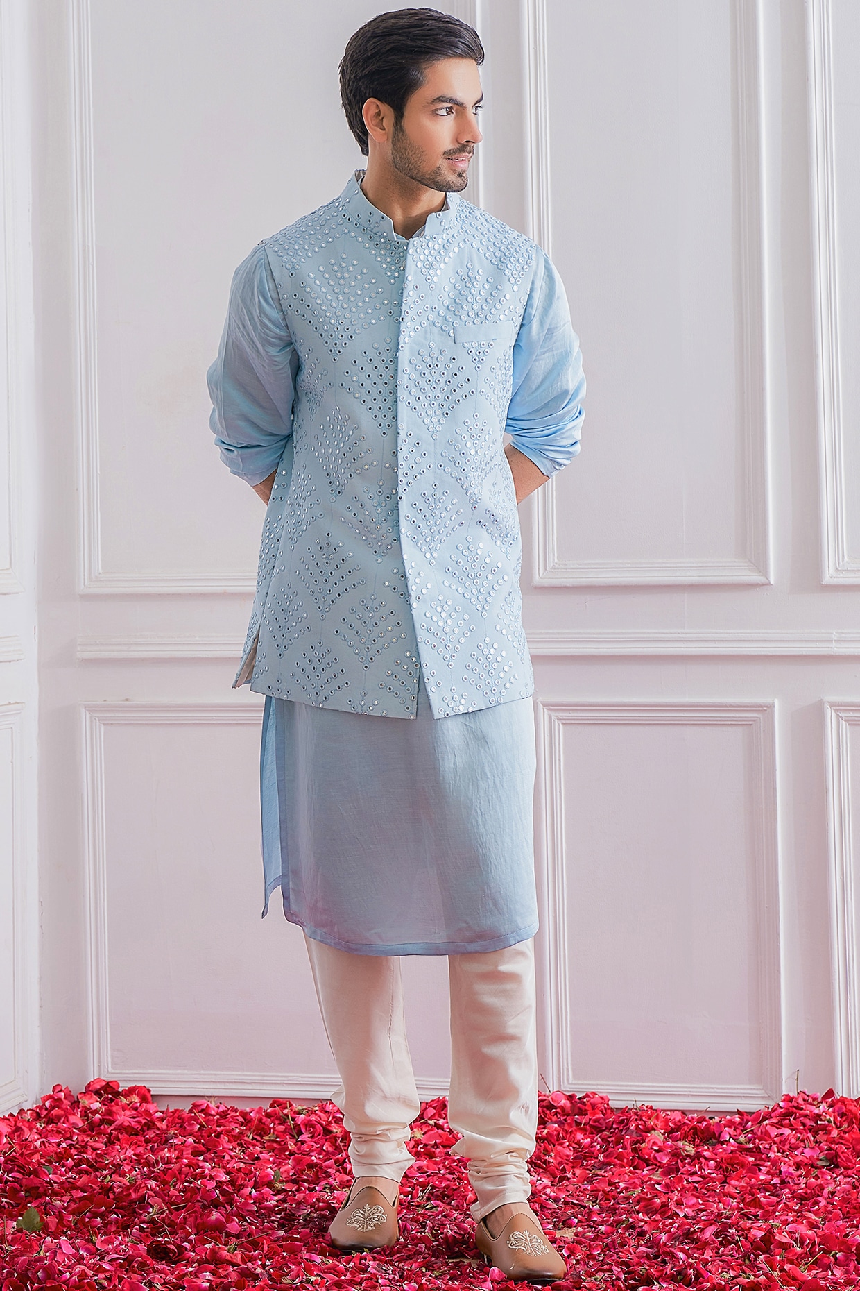 Shimmer Blue Nehru Jacket Set | Blue Jacket Set for Men | Contrast by Parth  – B Anu Designs