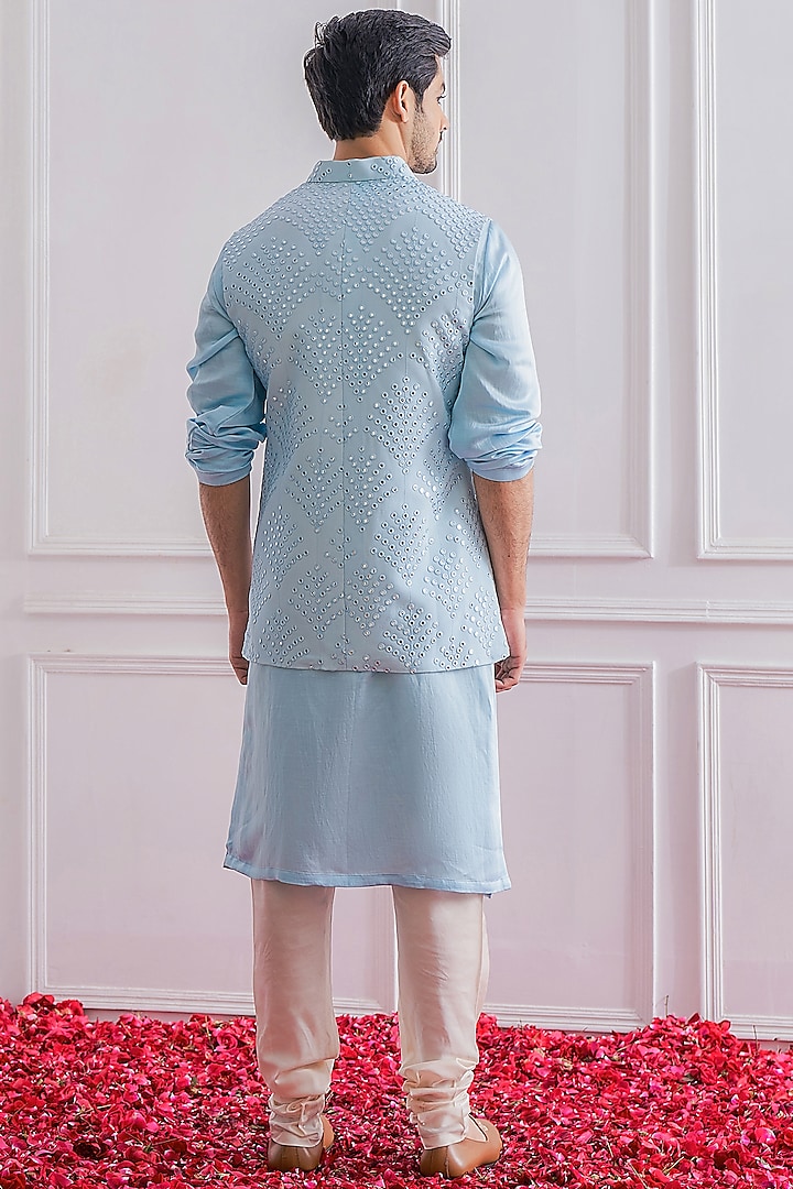 Powder Blue Cotton Mirror Machine Embroidered Nehru Jacket by