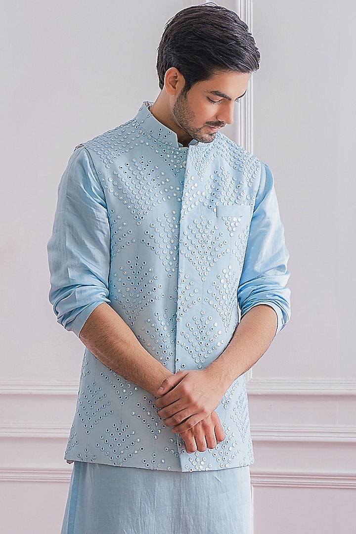 Powder Blue Cotton Mirror Machine Embroidered Nehru Jacket by Ankit V Kapoor at Pernia's Pop Up Shop