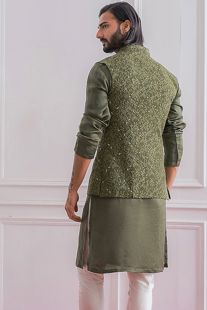 Military Green Pure Georgette Zari Embroidered Nehru Jacket Set by Ankit V Kapoor at Pernia's Pop Up Shop