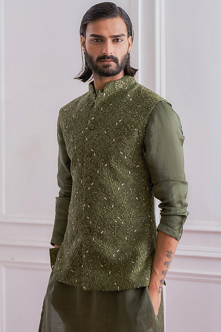 Military Green Pure Georgette Zari Embroidered Nehru Jacket Set by Ankit V Kapoor at Pernia's Pop Up Shop