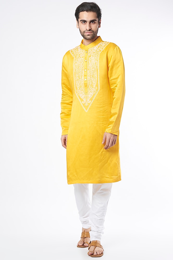 Mustard Aari Embroidered Kurta Set by Ankit V Kapoor