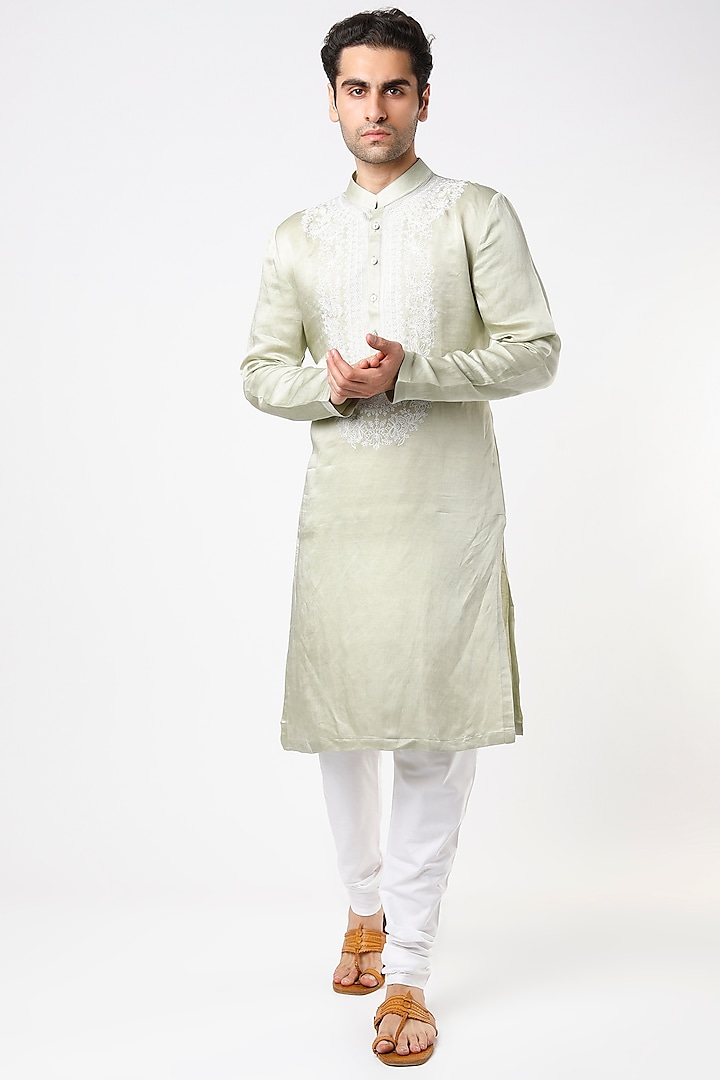Mint Green Hand Embroidered Kurta Set by Ankit V Kapoor