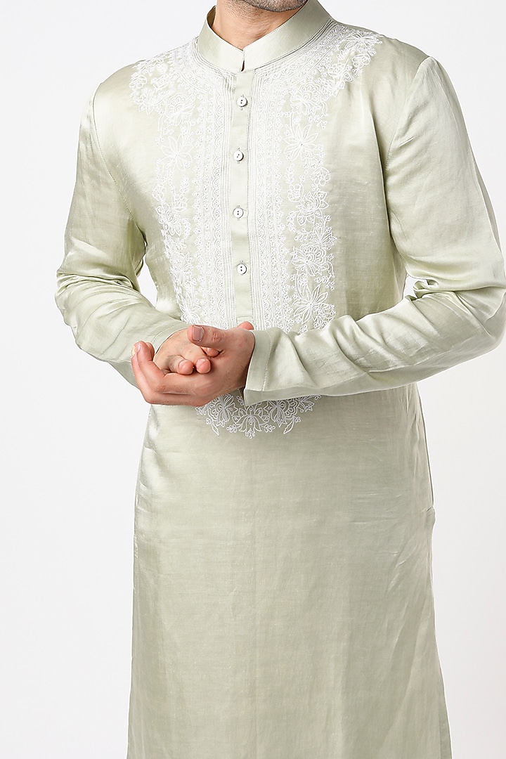 Mint Green Cotton Silk Acrylic Embroidered Kurta by Ankit V Kapoor at Pernia's Pop Up Shop