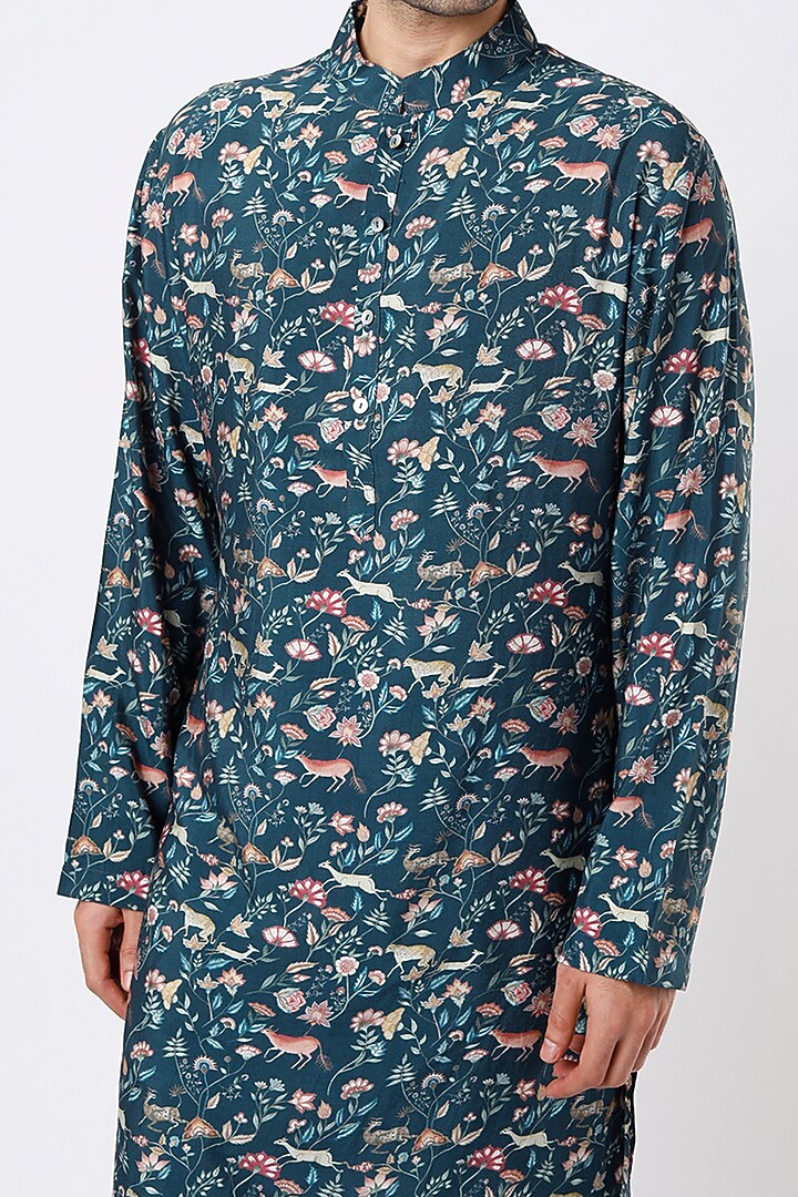 Navy Blue Cotton Silk Digital Printed Kurta Set by Ankit V Kapoor at Pernia's Pop Up Shop