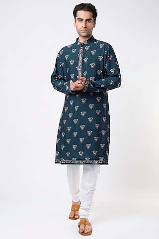 Navy Blue Floral Hand-Painted Kurta Set by Ankit V Kapoor