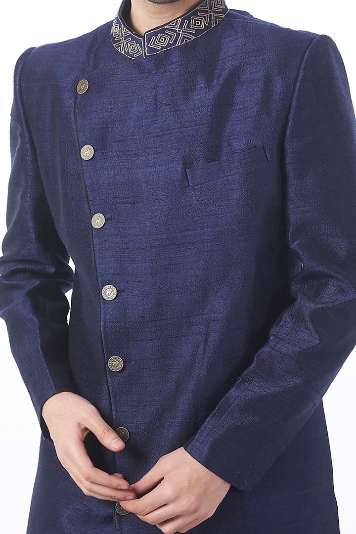 Navy Asymmetrical Achkan Wedding Sherwani Set by Ankit V Kapoor at Pernia's Pop Up Shop