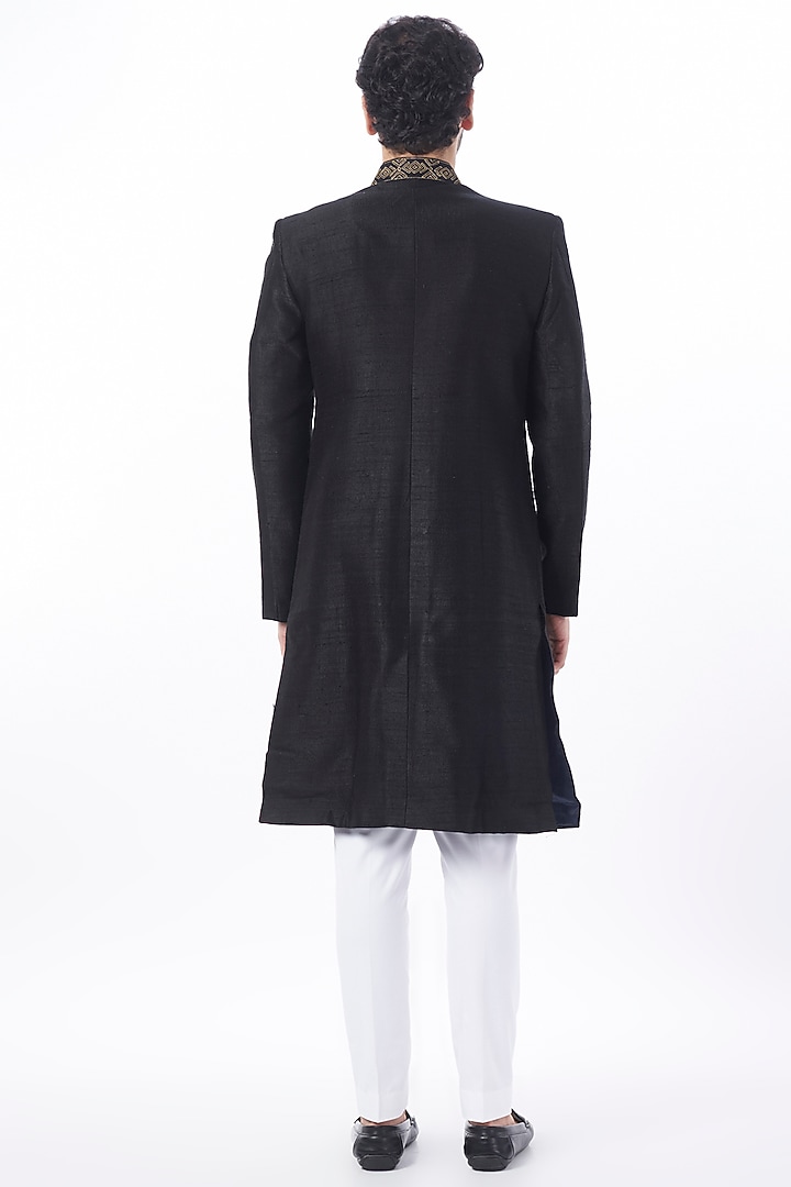 Black Asymmetrical Achkan Wedding Sherwani Set by Ankit V Kapoor at Pernia's Pop Up Shop