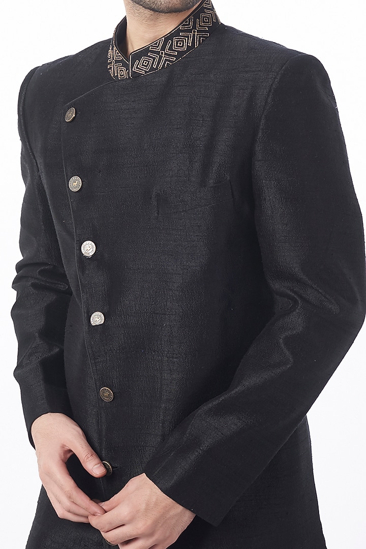 Black Asymmetrical Achkan Wedding Sherwani Set by Ankit V Kapoor at Pernia's Pop Up Shop