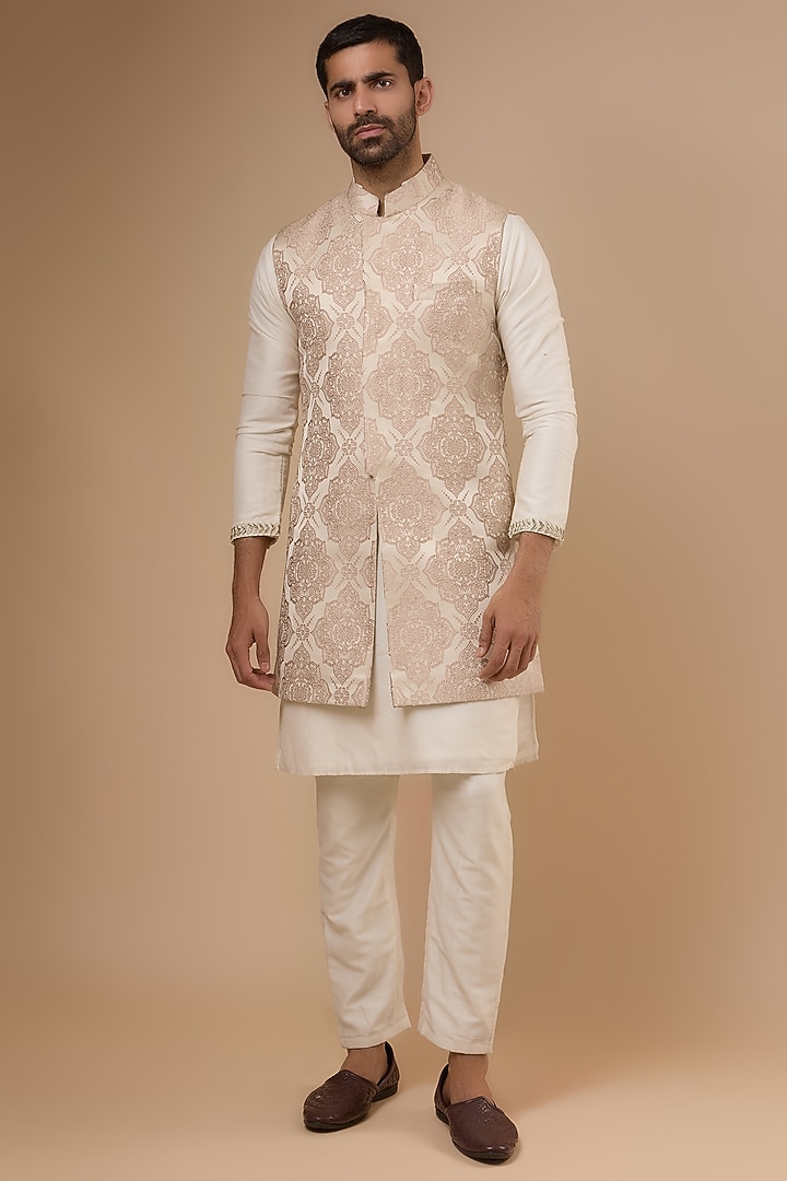 Beige Silk Embroidered Indowestern Set by Ankit V Kapoor at Pernia's Pop Up Shop