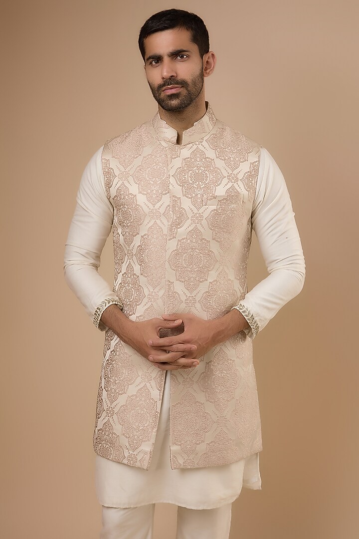 Beige Silk Embroidered Indowestern Set by Ankit V Kapoor at Pernia's Pop Up Shop