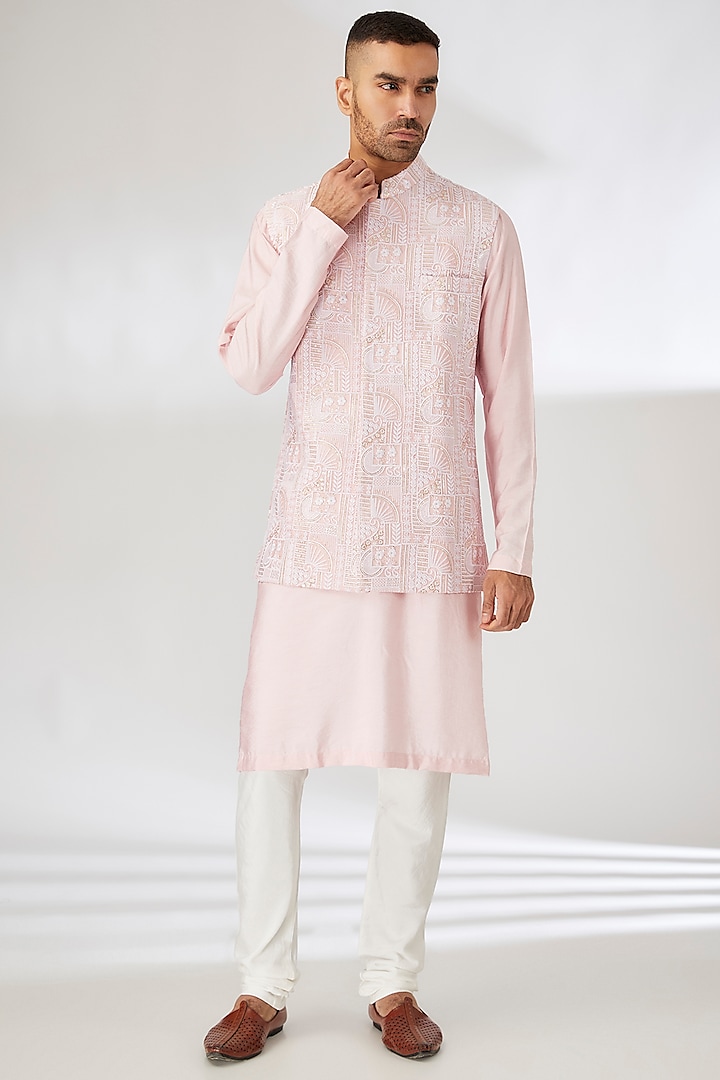 Peach Raw Silk Thread Embroidered Bundi Jacket Set by Ankit V Kapoor