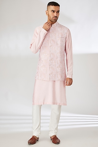 Peach Raw Silk Thread Embroidered Nehru Jacket Set by Ankit V Kapoor