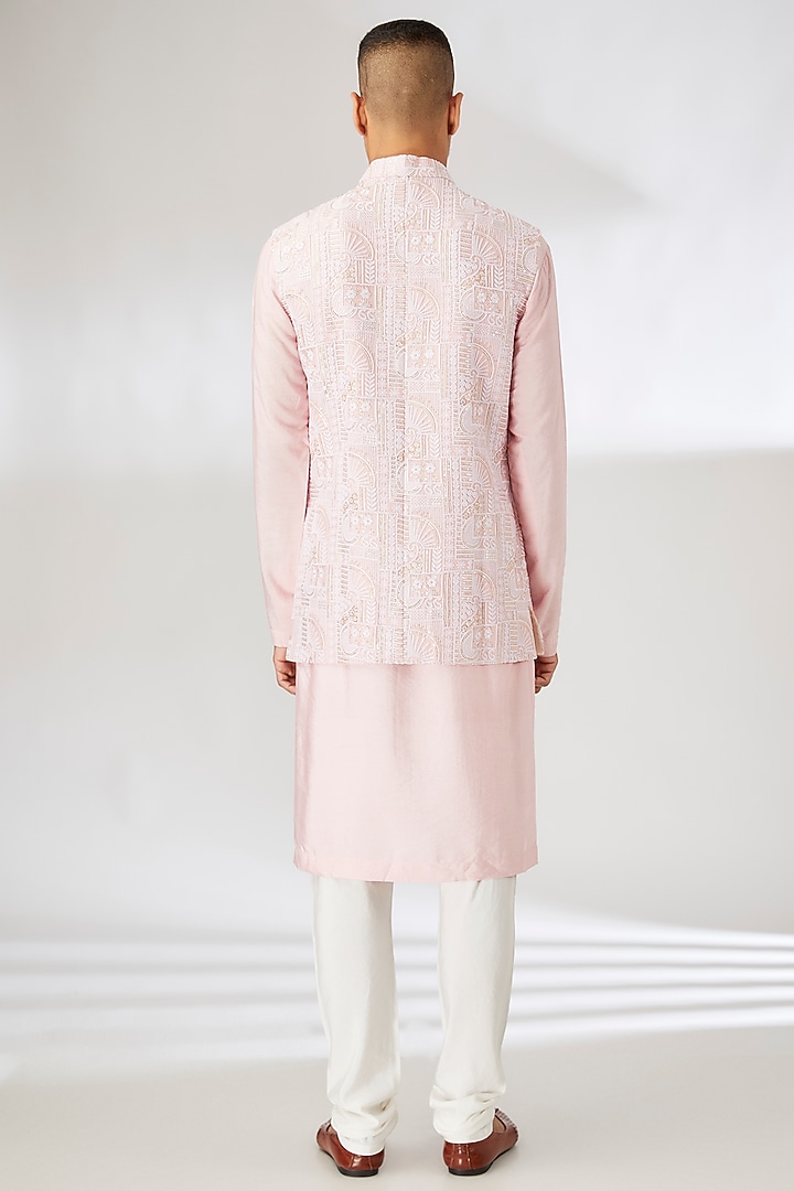 Peach Raw Silk Thread Embroidered Nehru Jacket Set by Ankit V Kapoor at Pernia's Pop Up Shop