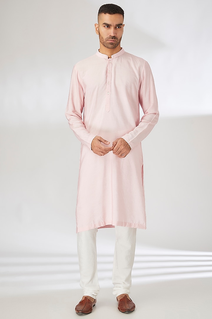 Peach Raw Silk Thread Embroidered Nehru Jacket Set by Ankit V Kapoor at Pernia's Pop Up Shop