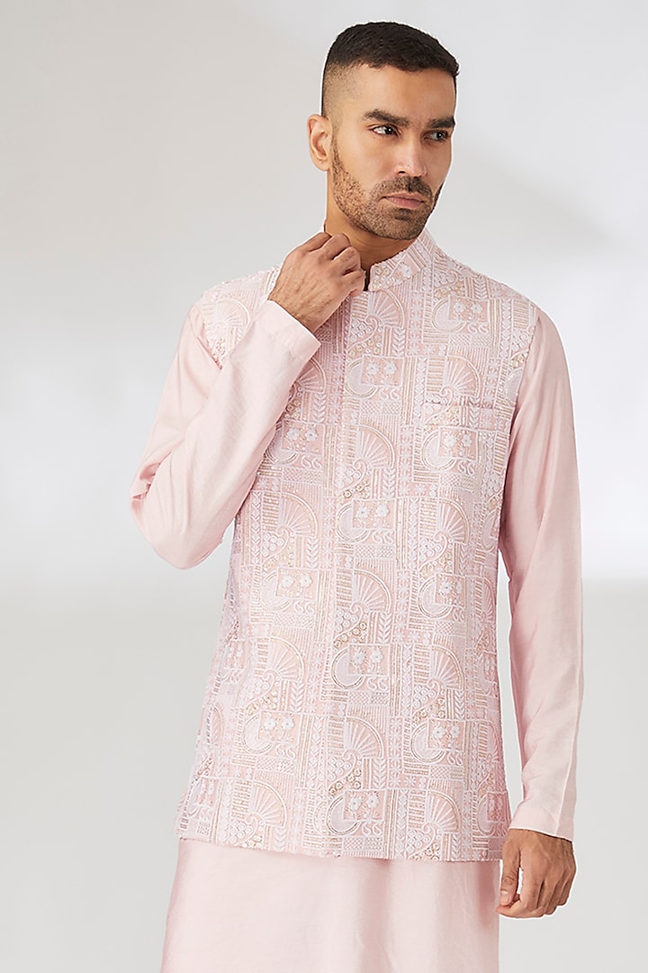 Peach Raw Silk Thread Embroidered Nehru Jacket Set by Ankit V Kapoor at Pernia's Pop Up Shop