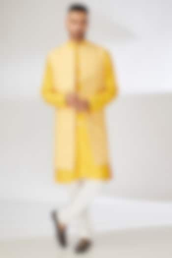 Yellow Viscose Cotton Silk Thread Embroidered Indowestern Set by Ankit V Kapoor at Pernia's Pop Up Shop