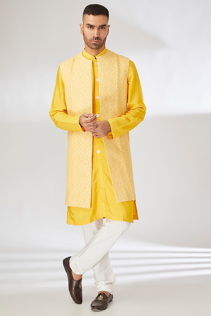 Yellow Viscose Cotton Silk Thread Embroidered Indowestern Set by Ankit V Kapoor at Pernia's Pop Up Shop