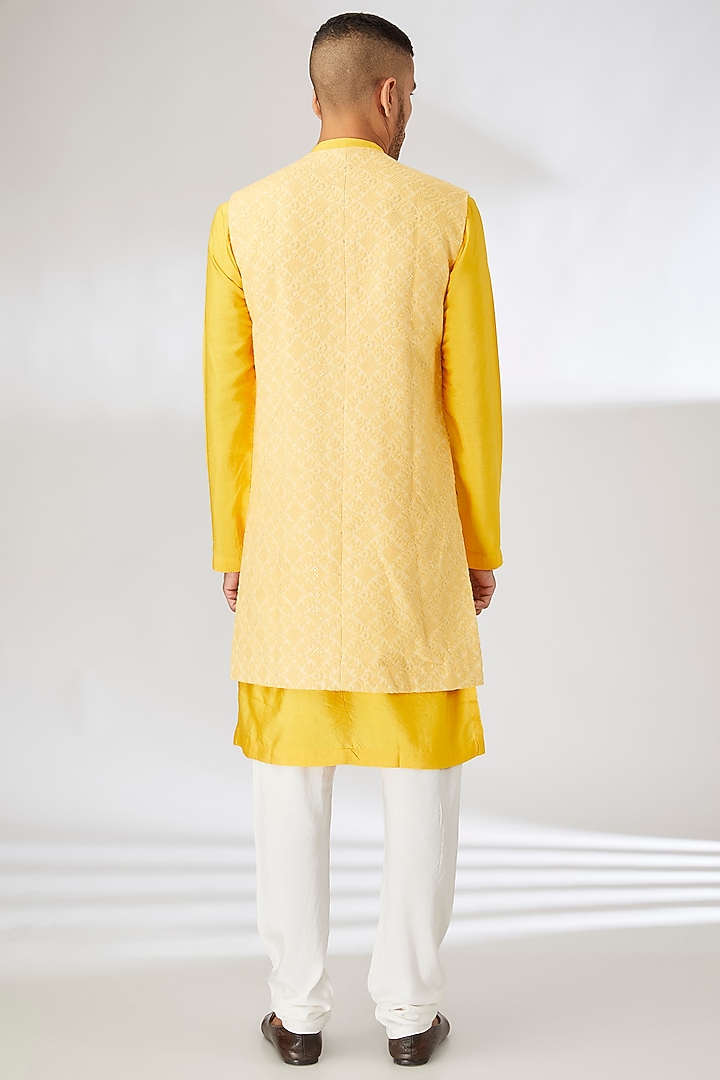 Yellow Viscose Cotton Silk Thread Embroidered Wedding Indowestern Set by Ankit V Kapoor at Pernia's Pop Up Shop