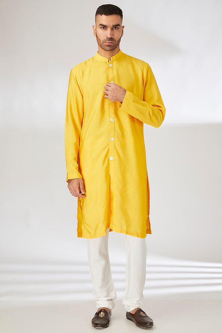 Yellow Viscose Cotton Silk Thread Embroidered Wedding Indowestern Set by Ankit V Kapoor at Pernia's Pop Up Shop