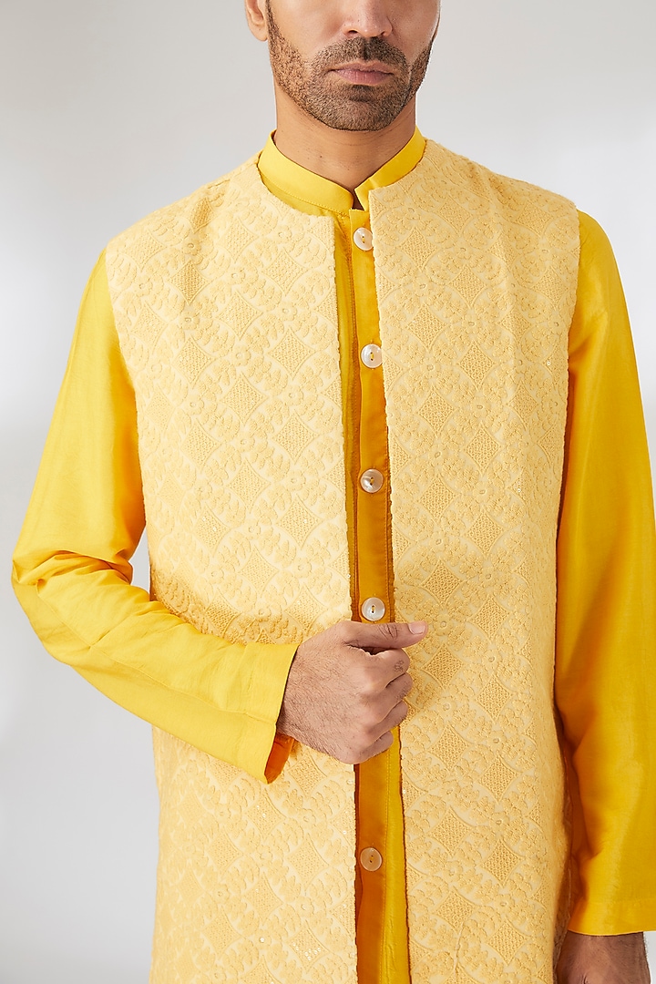 Yellow Viscose Cotton Silk Thread Embroidered Wedding Indowestern Set by Ankit V Kapoor at Pernia's Pop Up Shop