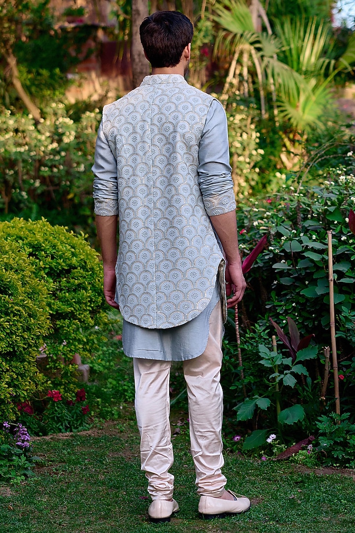 Ash Grey Viscose Cotton Silk & Georgette Thread Embroidered Wedding Indowestern Set by Ankit V Kapoor at Pernia's Pop Up Shop