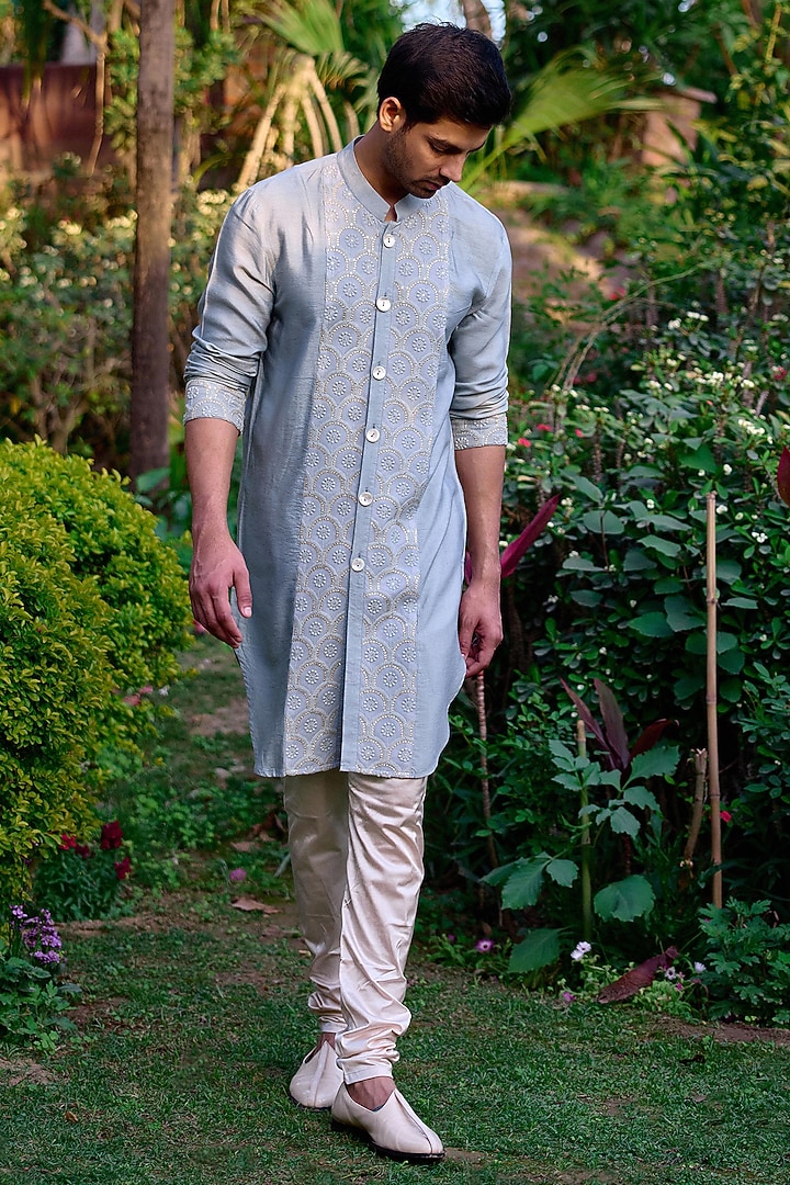 Ash Grey Viscose Cotton Silk & Georgette Thread Embroidered Wedding Indowestern Set by Ankit V Kapoor at Pernia's Pop Up Shop