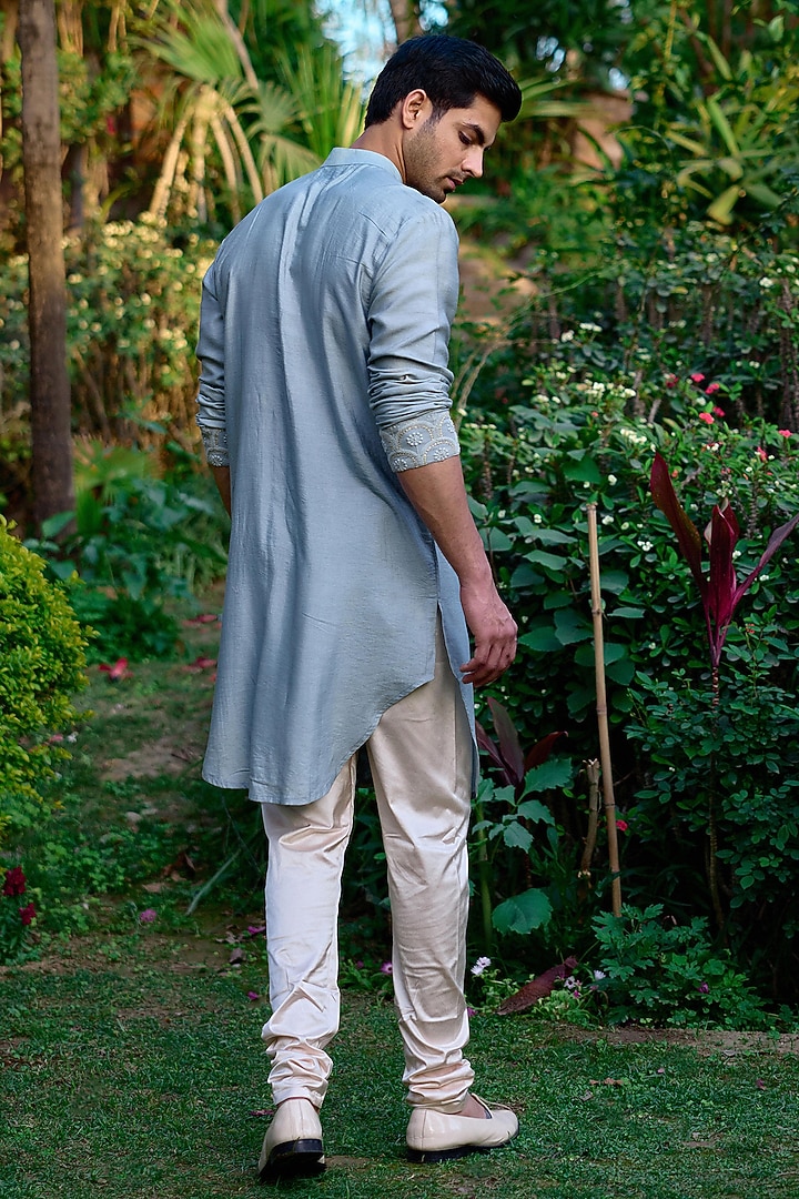 Ash Grey Viscose Cotton Silk & Georgette Thread Embroidered Wedding Indowestern Set by Ankit V Kapoor at Pernia's Pop Up Shop