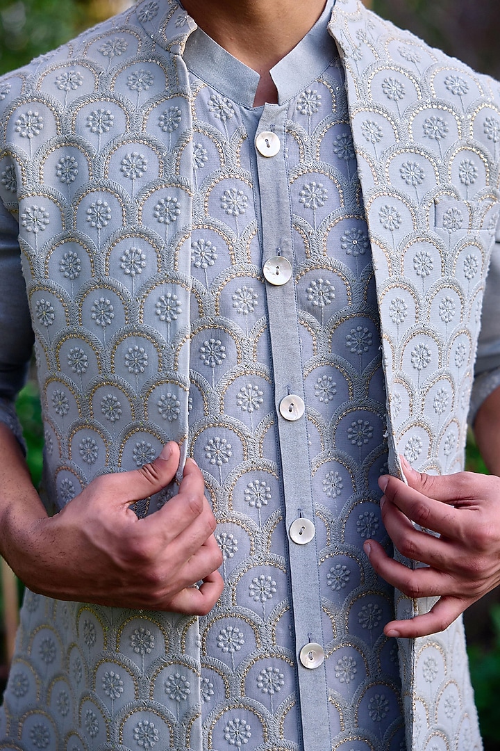 Ash Grey Viscose Cotton Silk & Georgette Thread Embroidered Wedding Indowestern Set by Ankit V Kapoor at Pernia's Pop Up Shop