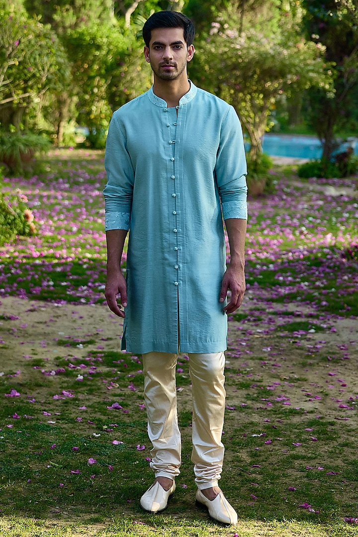 Powder Blue Viscose Cotton Silk & Georgette Wedding Indowestern Set by Ankit V Kapoor at Pernia's Pop Up Shop