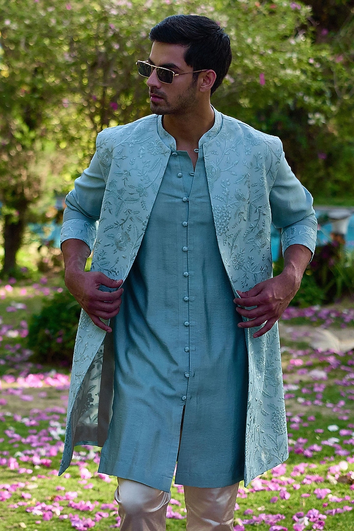 Powder Blue Viscose Cotton Silk & Georgette Wedding Indowestern Set by Ankit V Kapoor at Pernia's Pop Up Shop