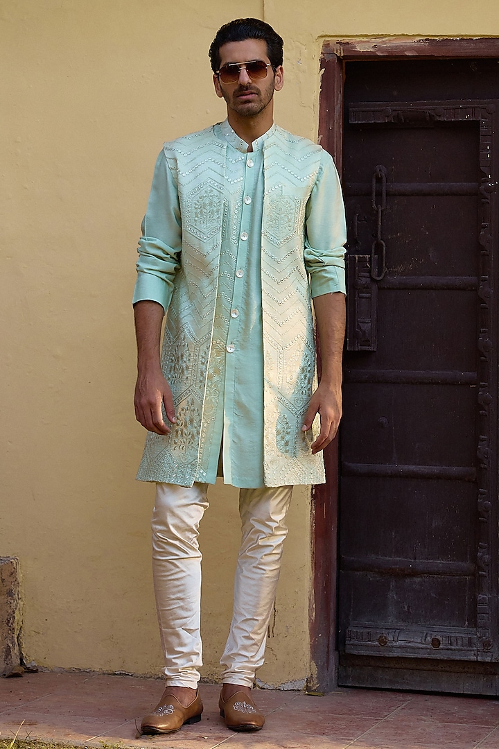 Mint Green Viscose Cotton Silk & Georgette Indowestern Set by Ankit V Kapoor