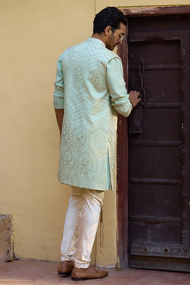 Mint Green Viscose Cotton Silk & Georgette Wedding Indowestern Set by Ankit V Kapoor at Pernia's Pop Up Shop
