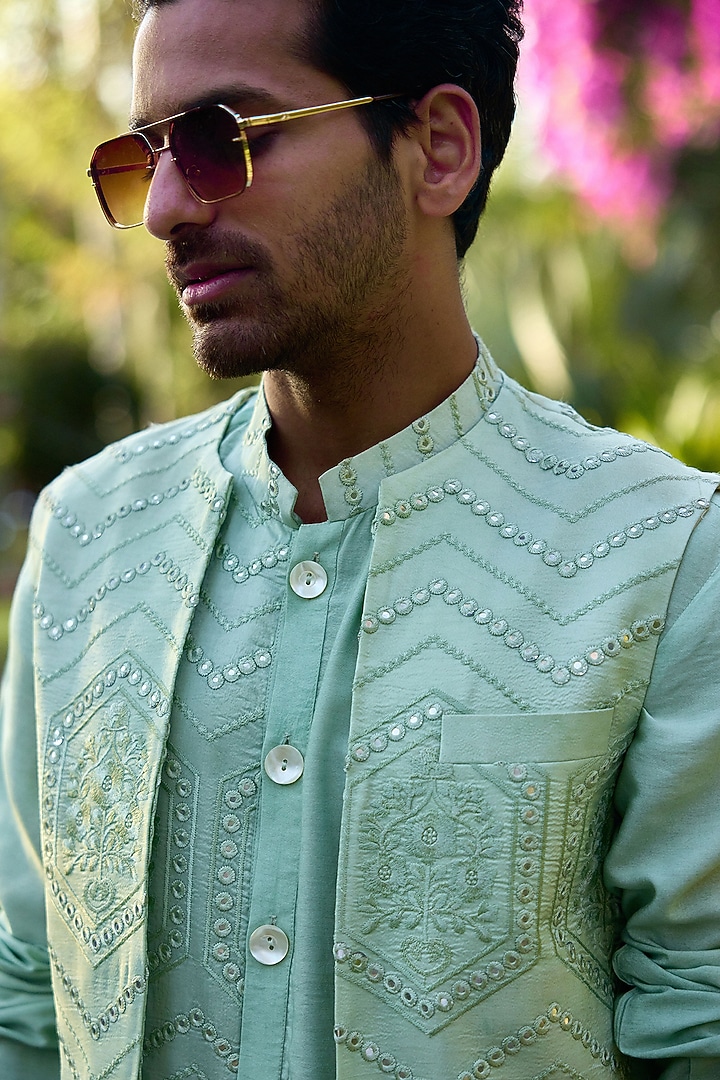Mint Green Viscose Cotton Silk & Georgette Wedding Indowestern Set by Ankit V Kapoor at Pernia's Pop Up Shop