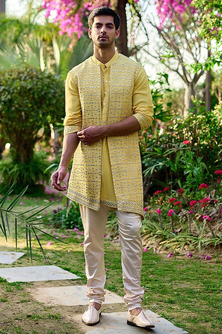 Sunset Yellow Viscose Cotton Silk & Georgette Embroidered Indowestern Set by Ankit V Kapoor